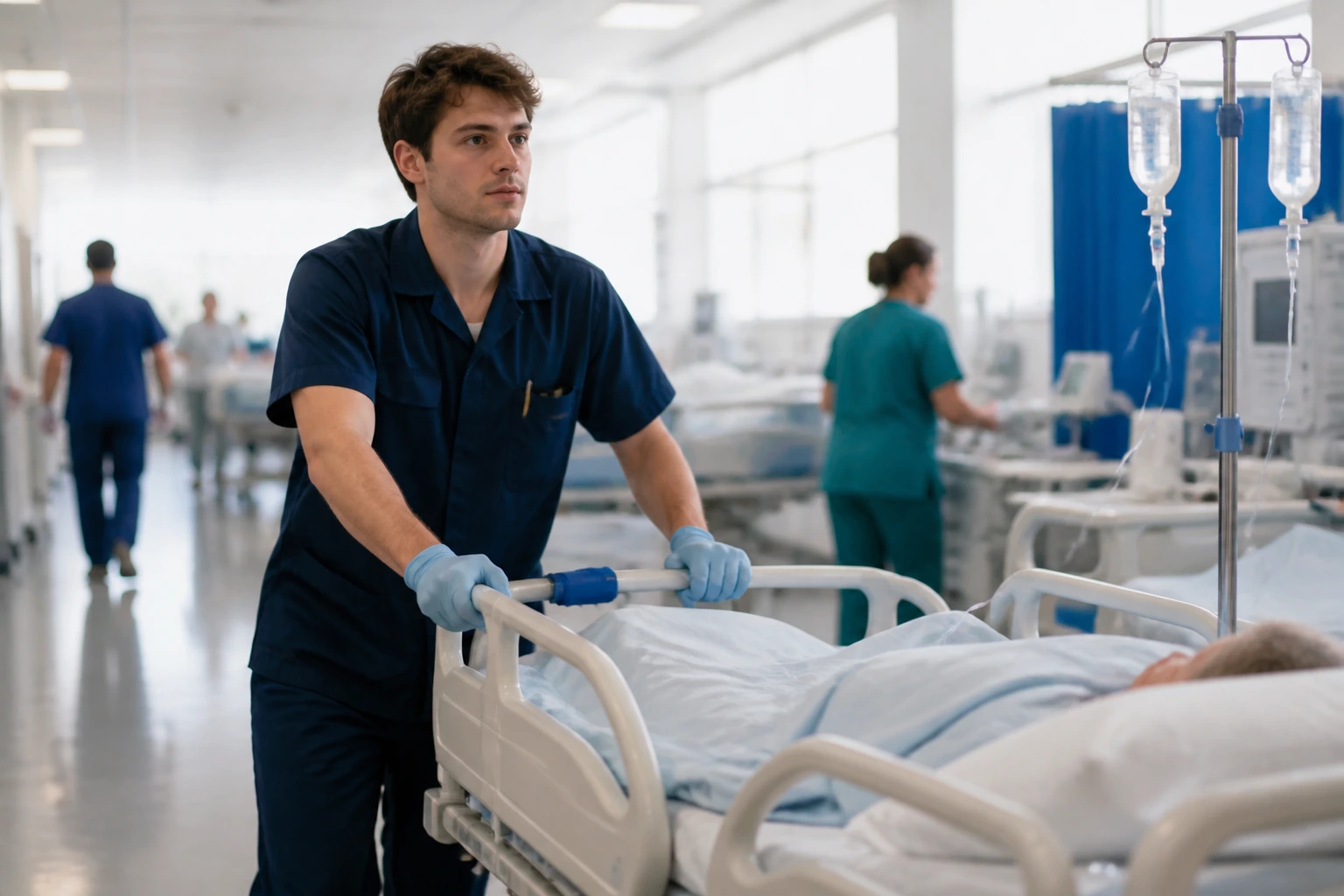 Close-up of a real Australian hospital orderly moving a bed through a busy ward