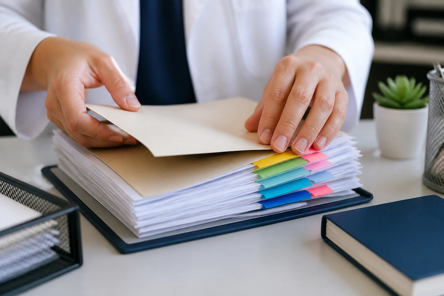 Organized recruitment paperwork with color-coded tabs