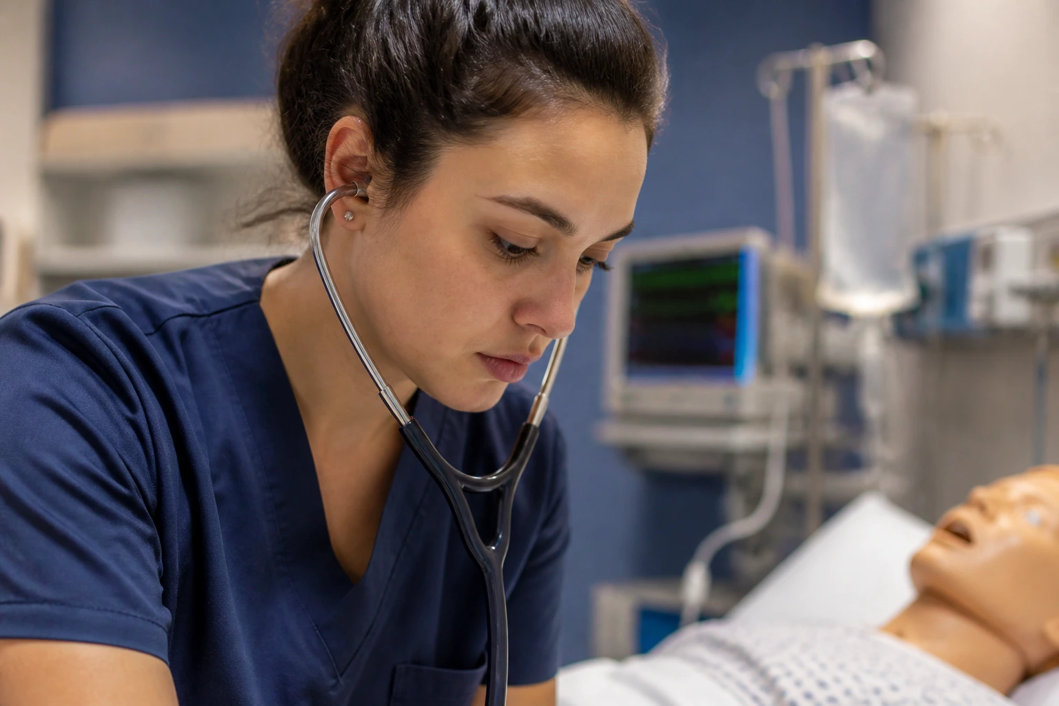 Healthcare professional in scrubs at an OSCE-style simulation station