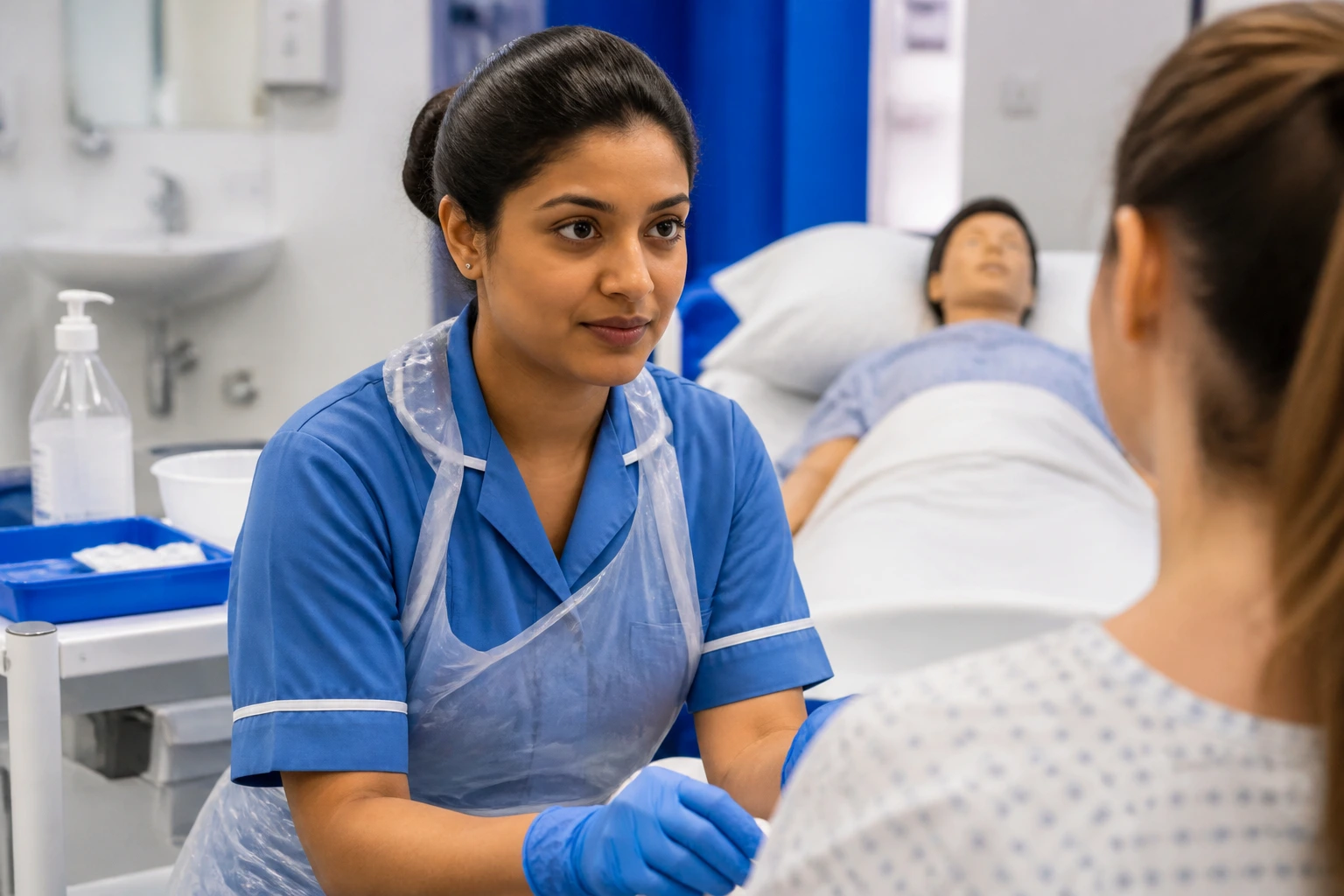 Midwife in scrubs at OSCE station, ready to demonstrate clinical skill under exam conditions