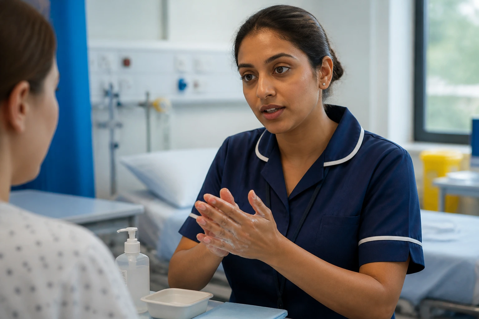 Close-up of a nurse performing hand hygiene at an OSCE station in a simulated ward