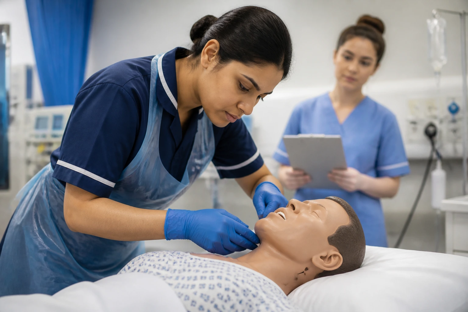 Nurse practicing OSCE clinical skill in a simulation lab