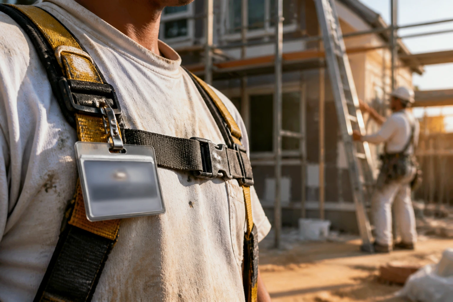 Close-up of a construction worker wearing a safety badge at a jobsite