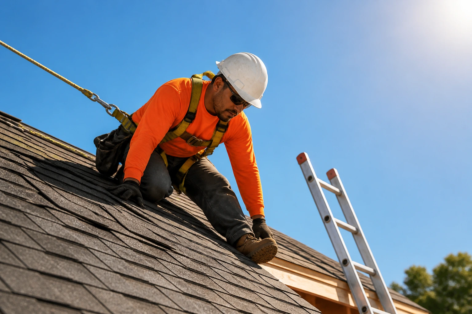 Roofer on a steep roof wearing harness and helmet with ladder nearby