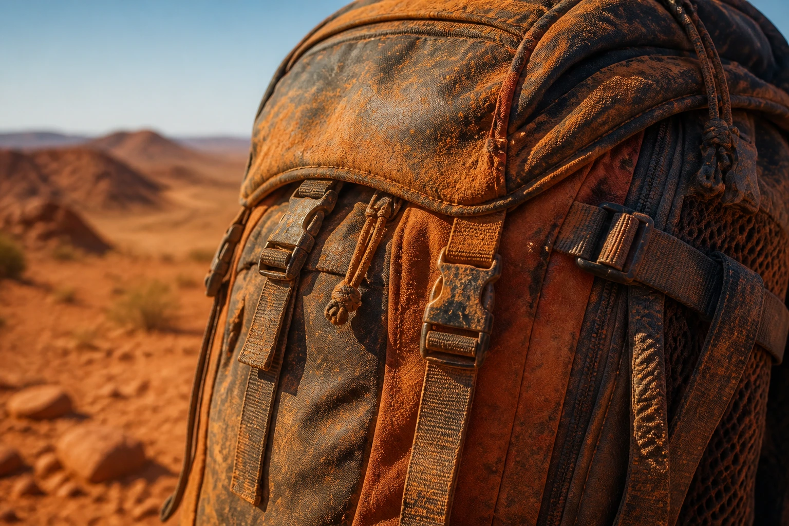 Close-up of rugged weatherproof backpack in dusty outback setting, highlighting texture and straps