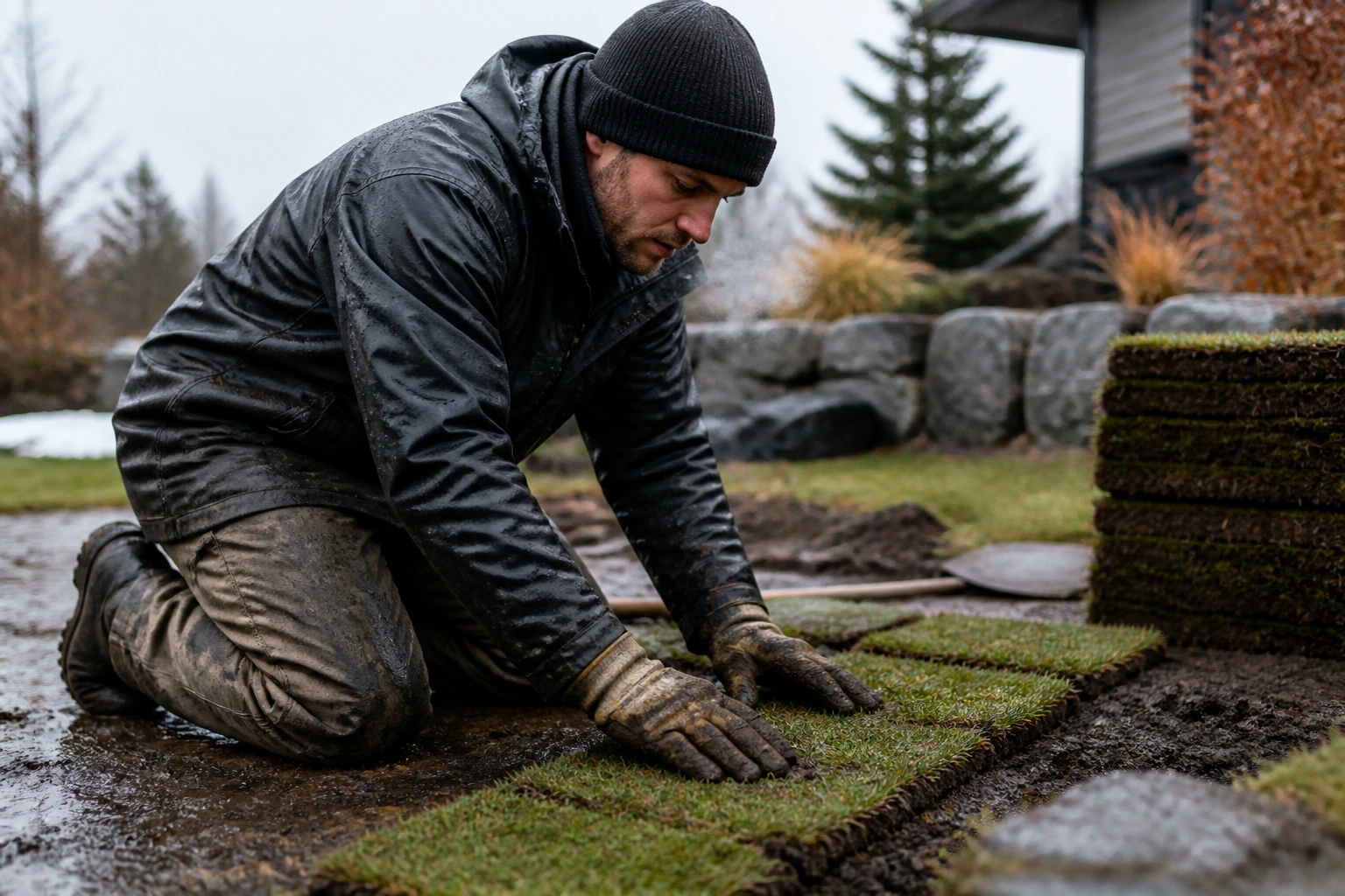 Worker performing outdoor landscaping in cold weather gear