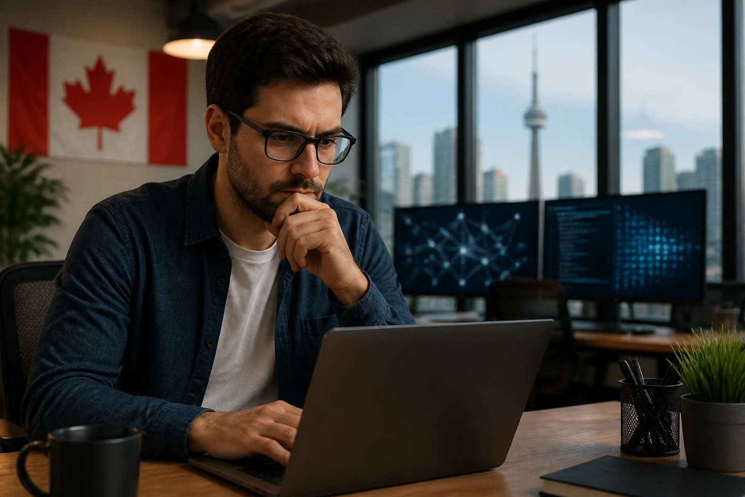 Focused professional at a desk in a Canadian tech office