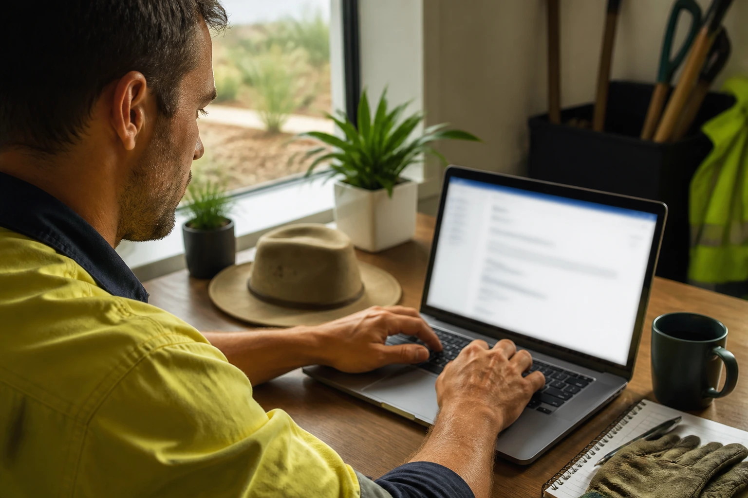 Person drafting a concise outreach message at a clean desk with blurred screen