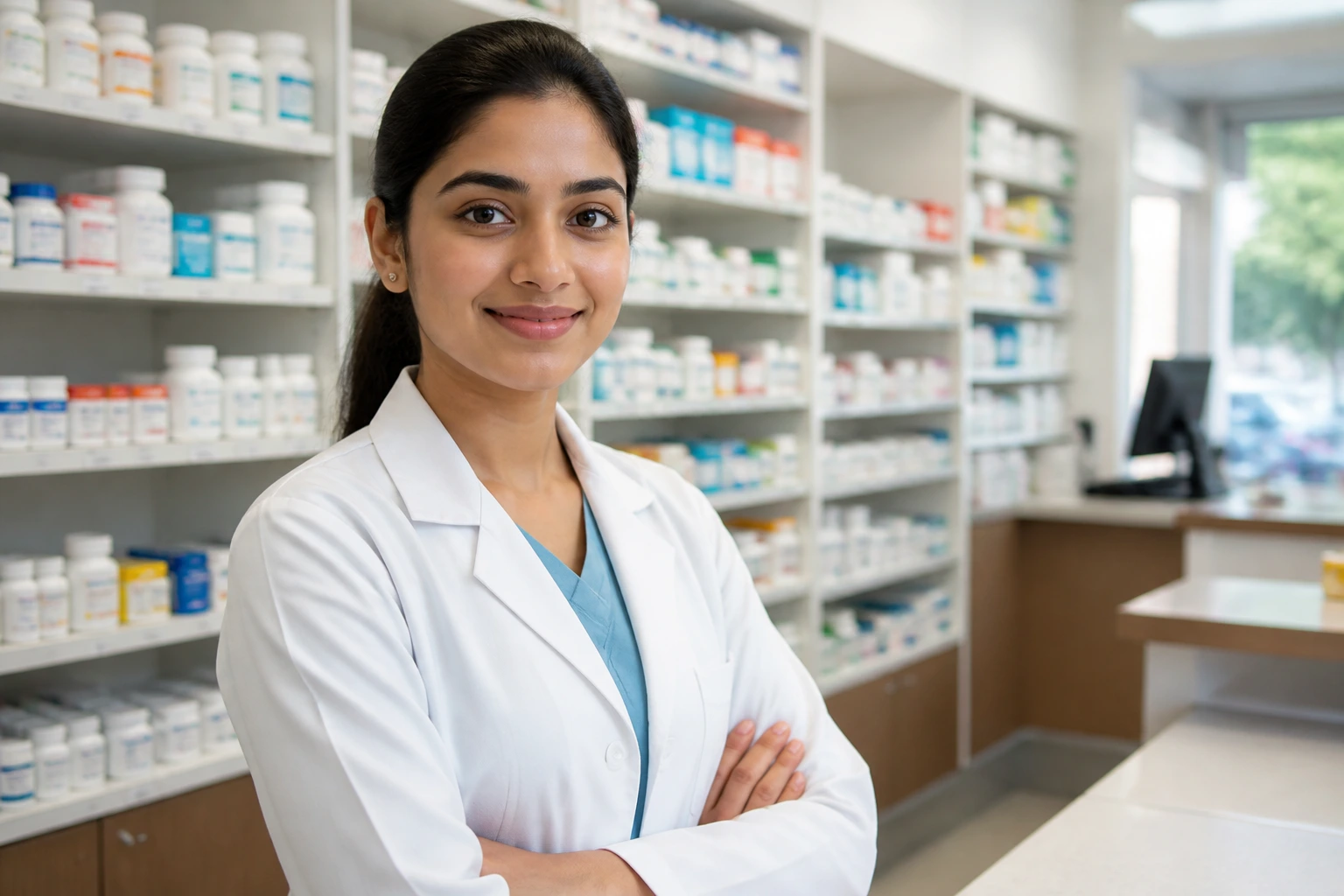 Overseas applicant at a pharmacy, professional and ready to work