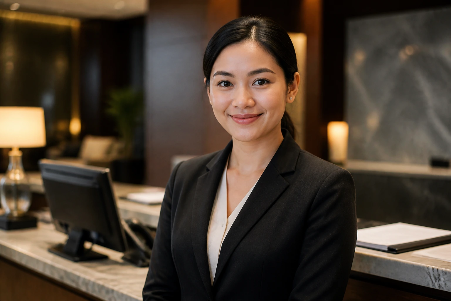 Confident overseas applicant at hotel front desk interview