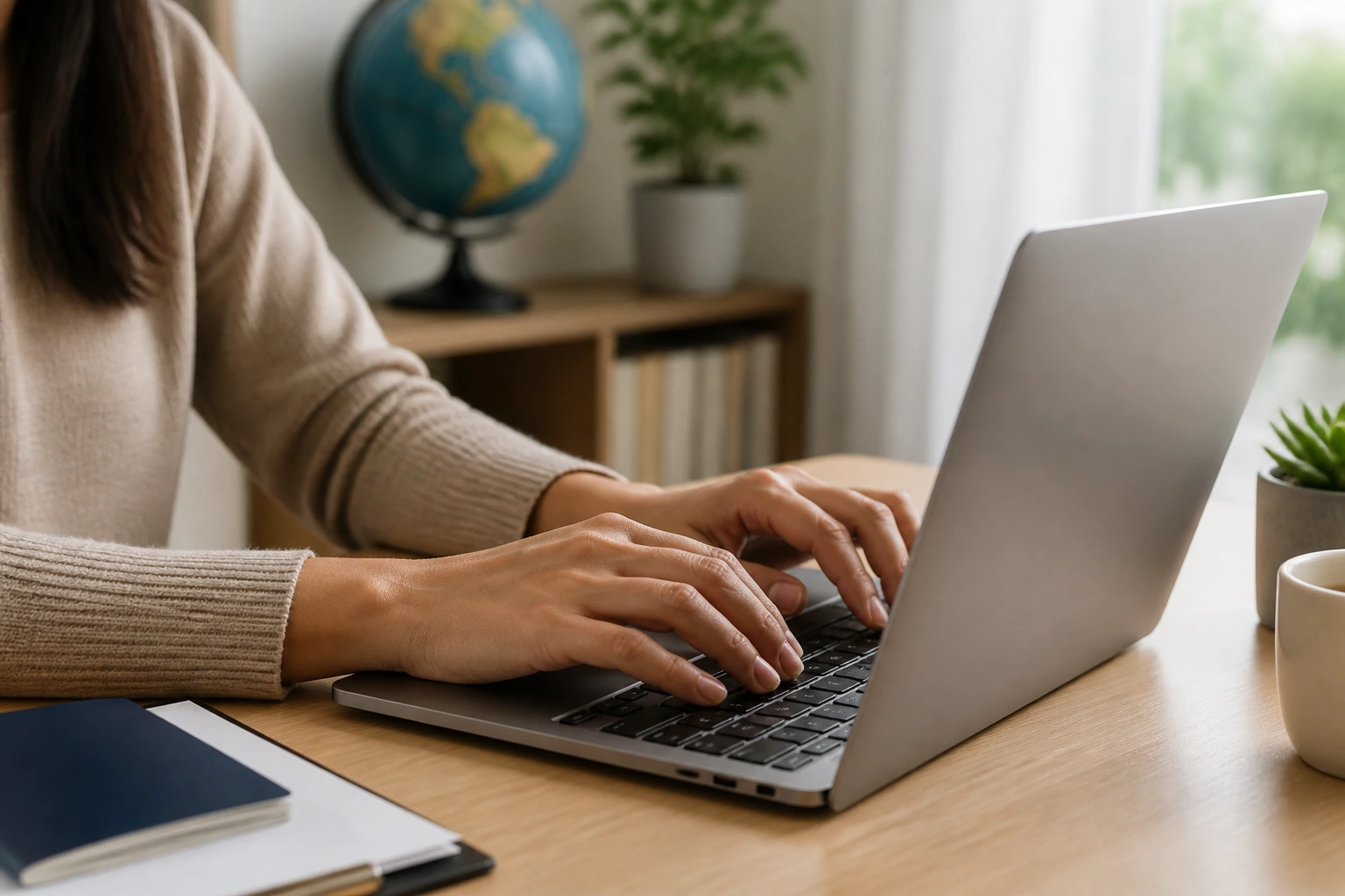 Close-up of hands typing on a laptop in a home office, globe in background.