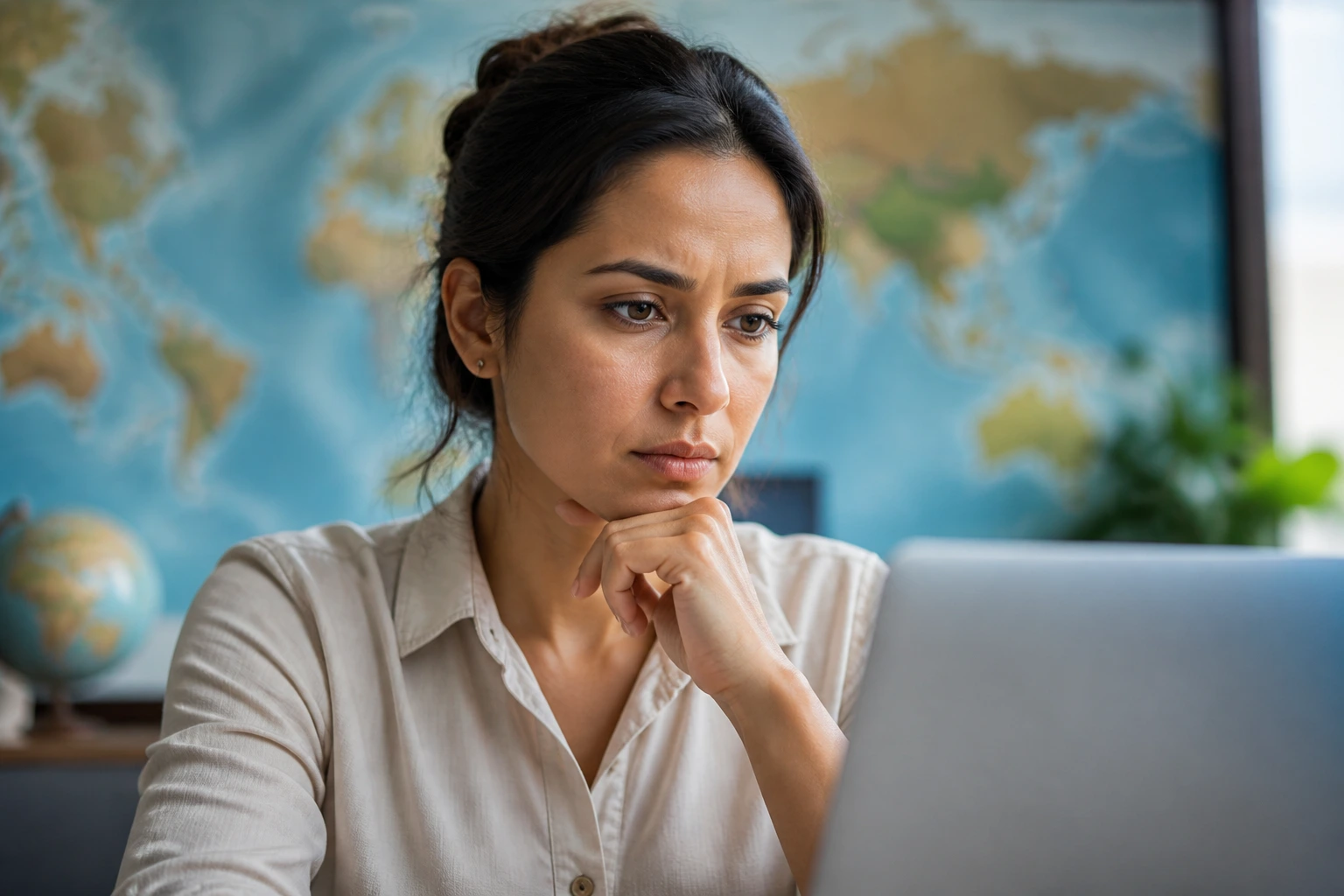Close-up portrait of a person contemplating overseas job applications with a world map backdrop