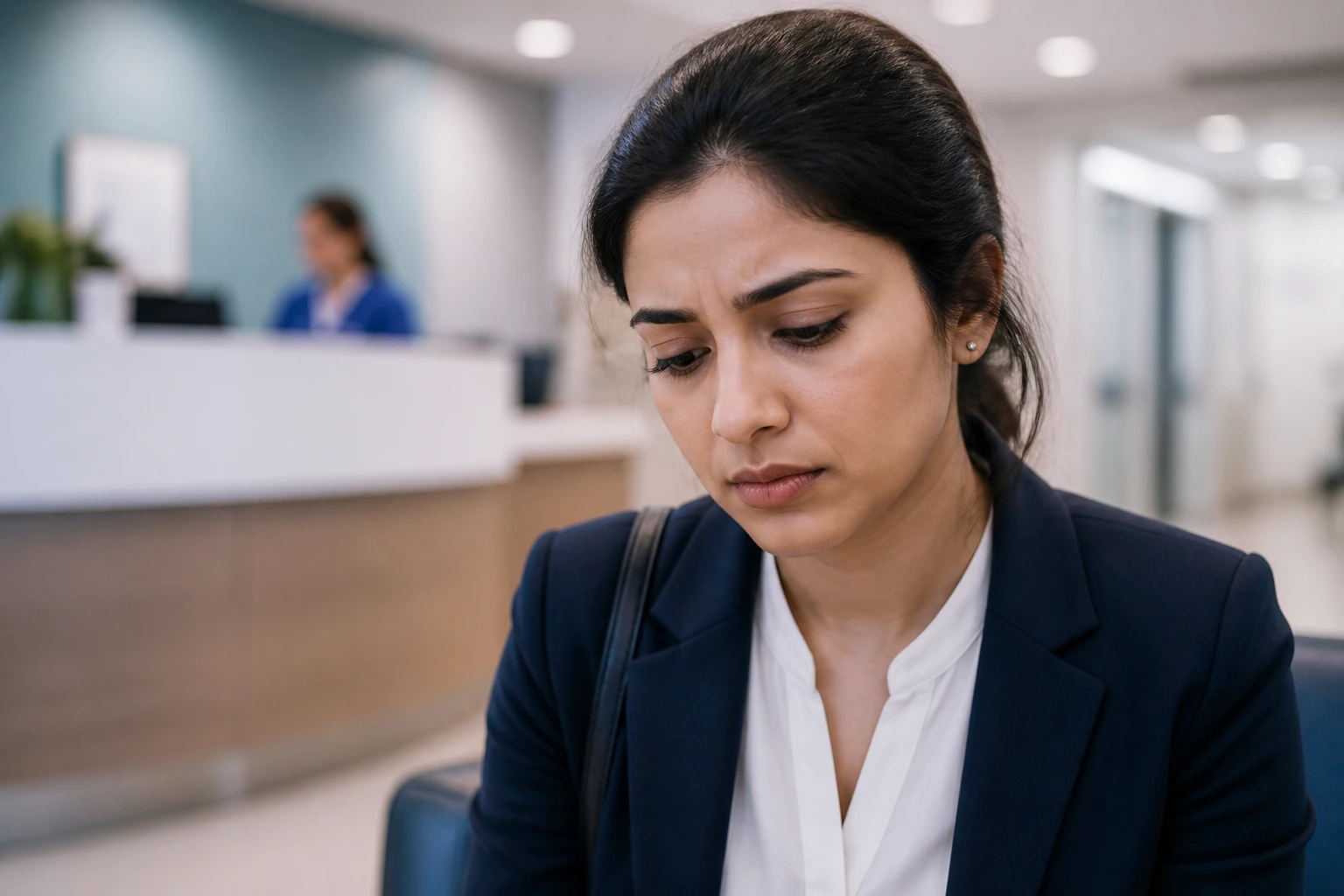 Concerned applicant in a clinic reception area contemplating an overseas job application