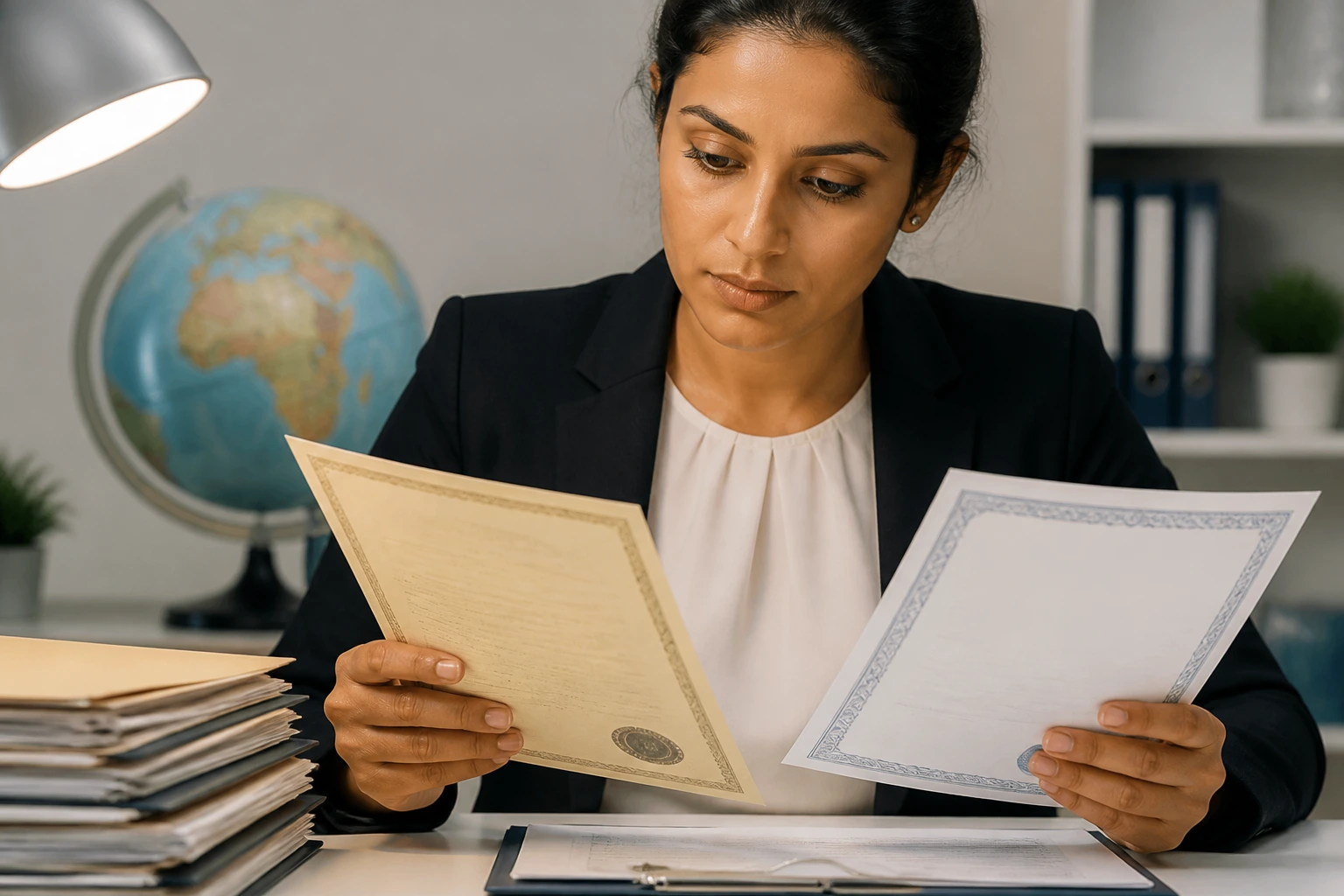 Person reviewing overseas childcare documents at a desk in an office.