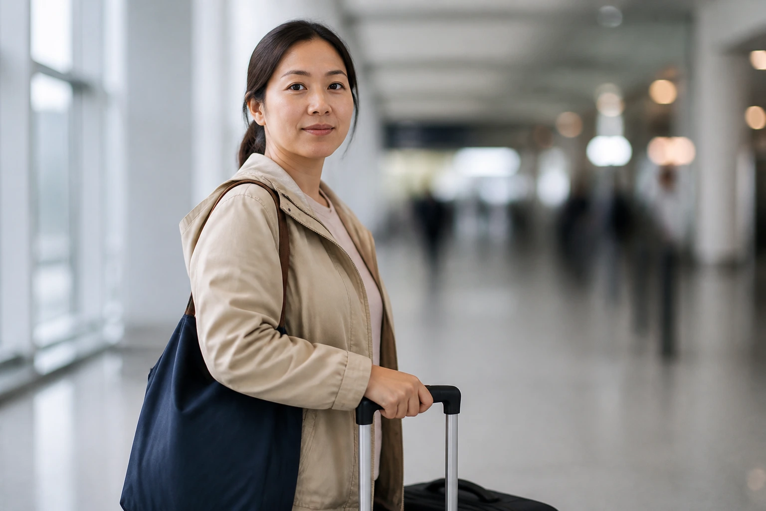 Traveler with suitcase in airport corridor, illustrating narrow ODI route