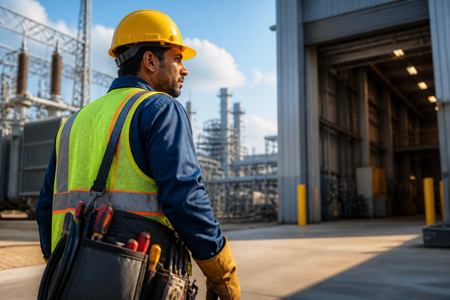 International electrician in PPE approaching a US industrial worksite