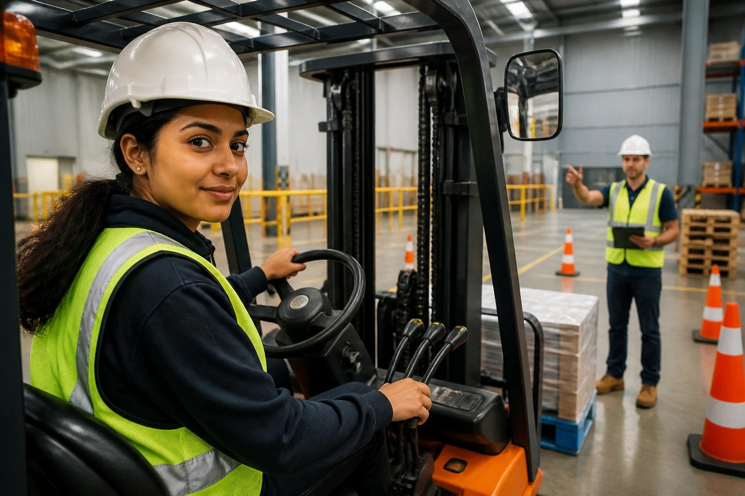Trainee forklift operator in training facility