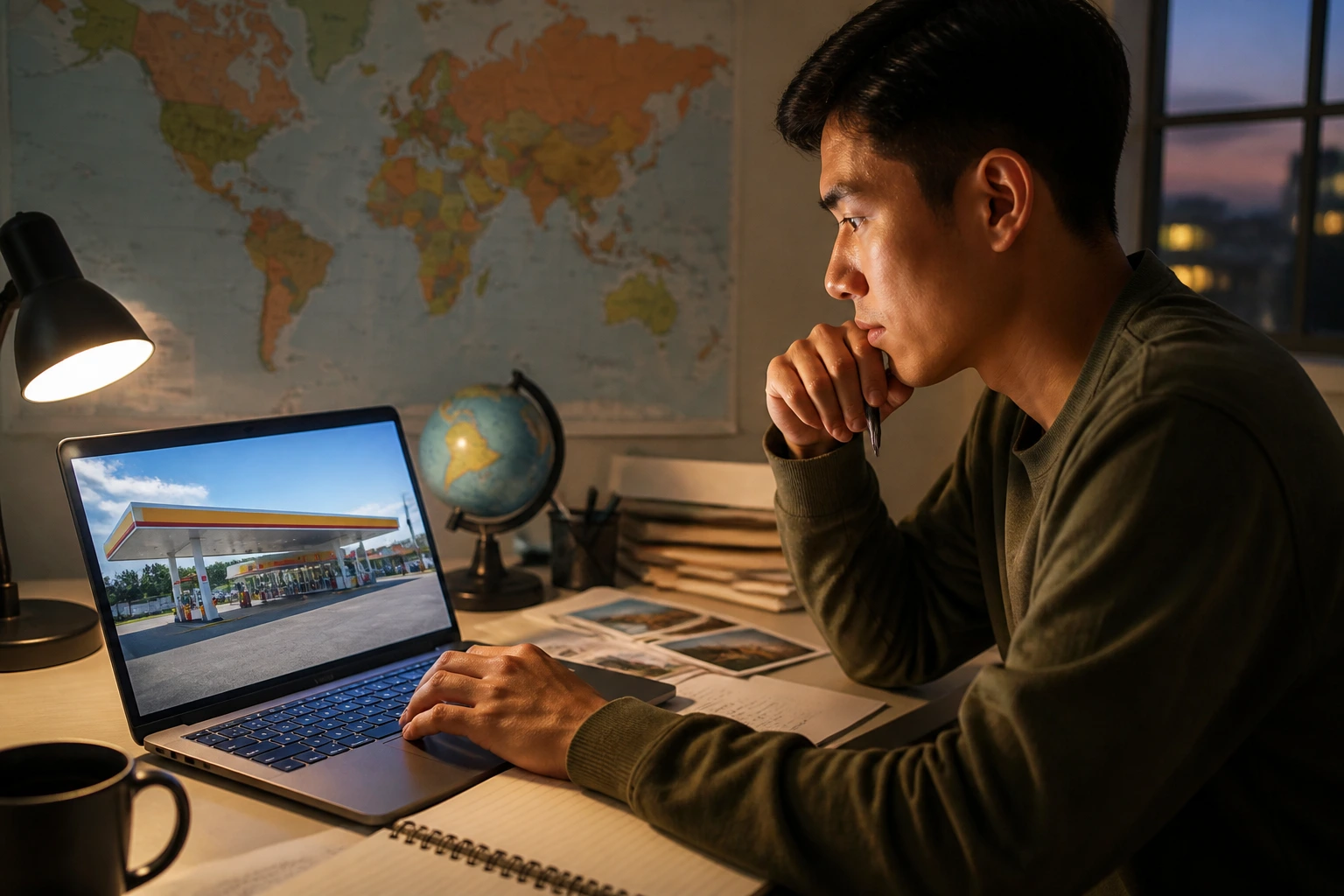 Person planning an overseas job application at a home desk