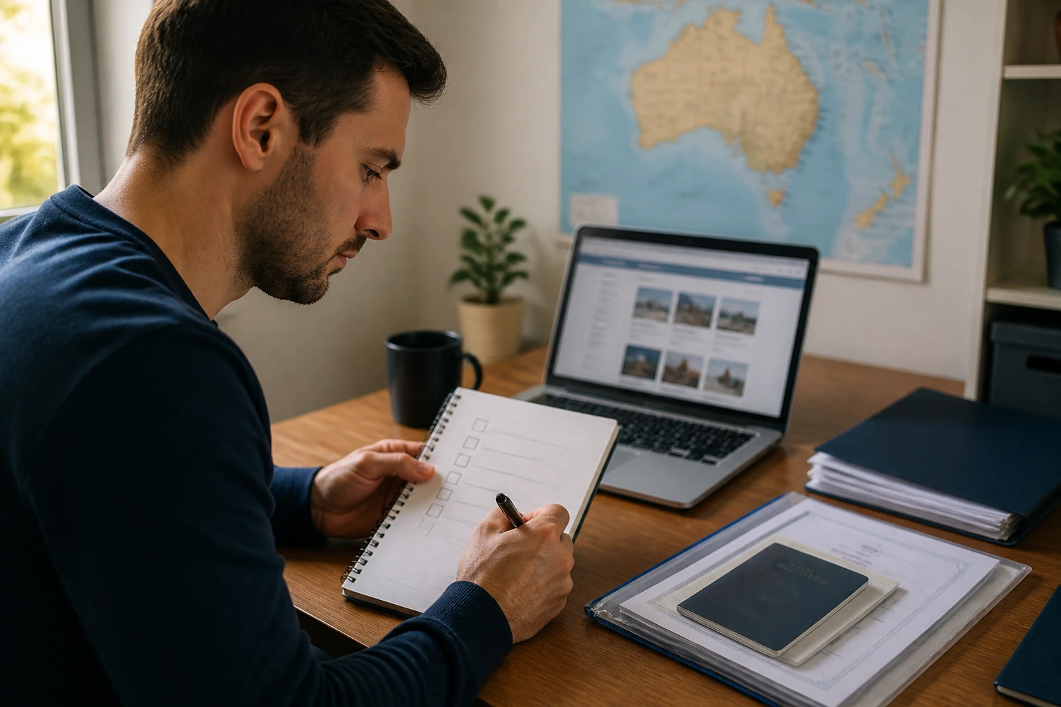 Job seeker planning overseas applications with a notebook and map