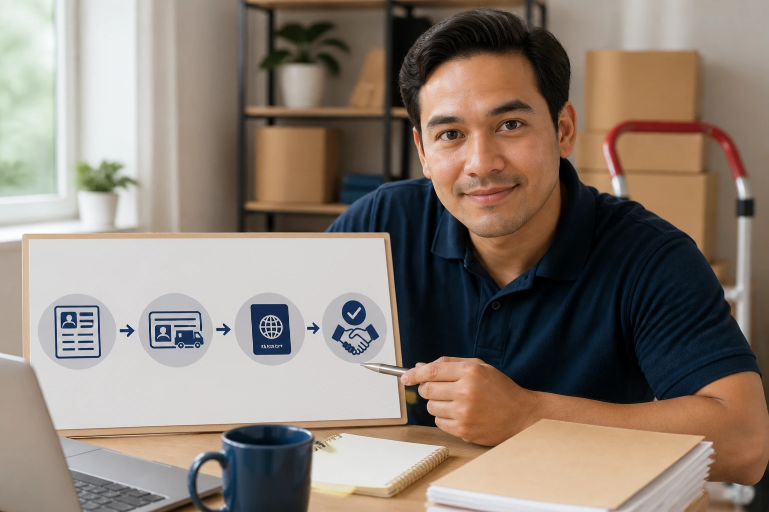 Person planning overseas job applications with a board of icons representing resume, licenses, passport, and visa support