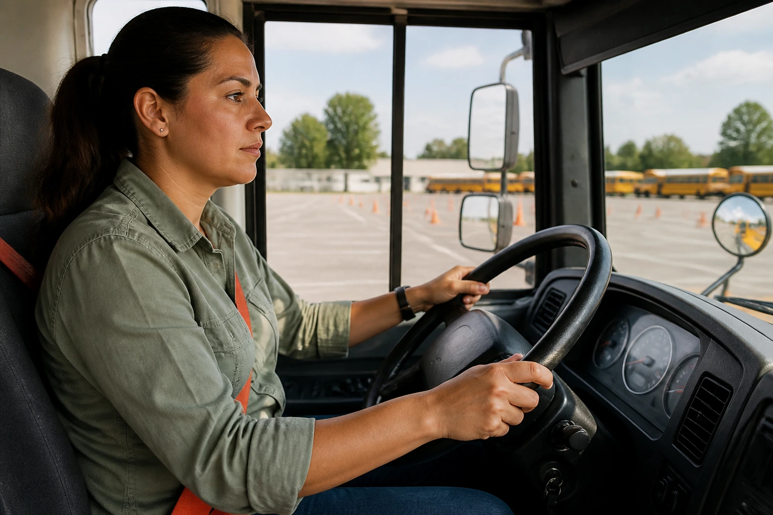 Portrait of a real person in a school bus driver's seat, ready for CDL training.