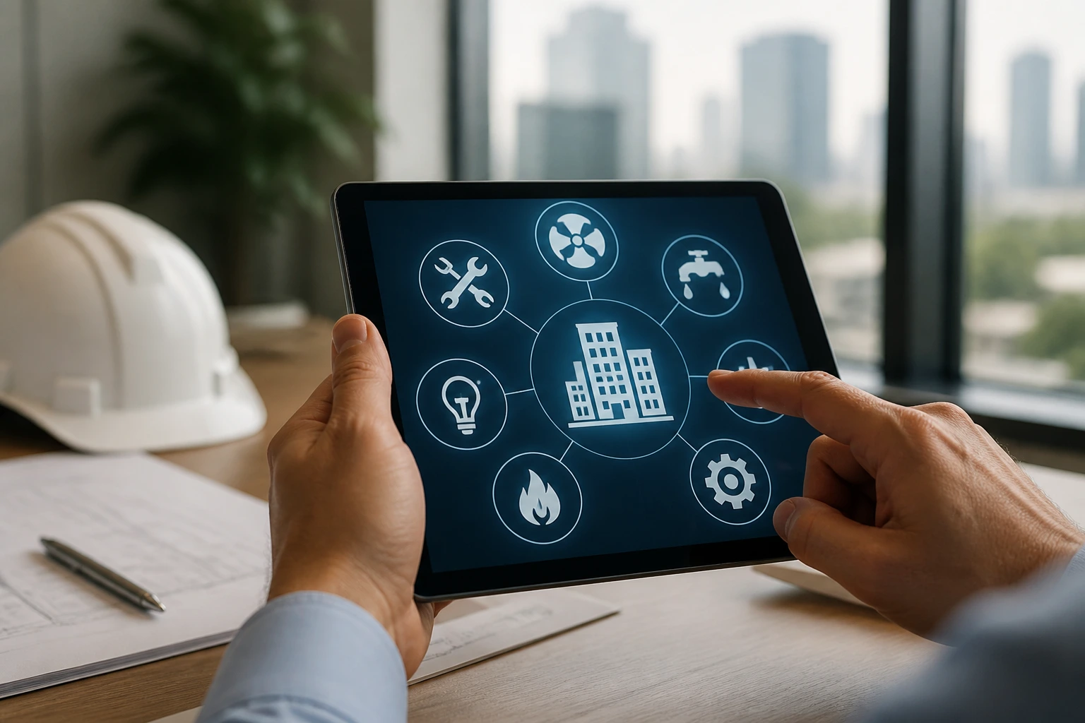 Close-up of hands holding a tablet with abstract maintenance icons in an office setting