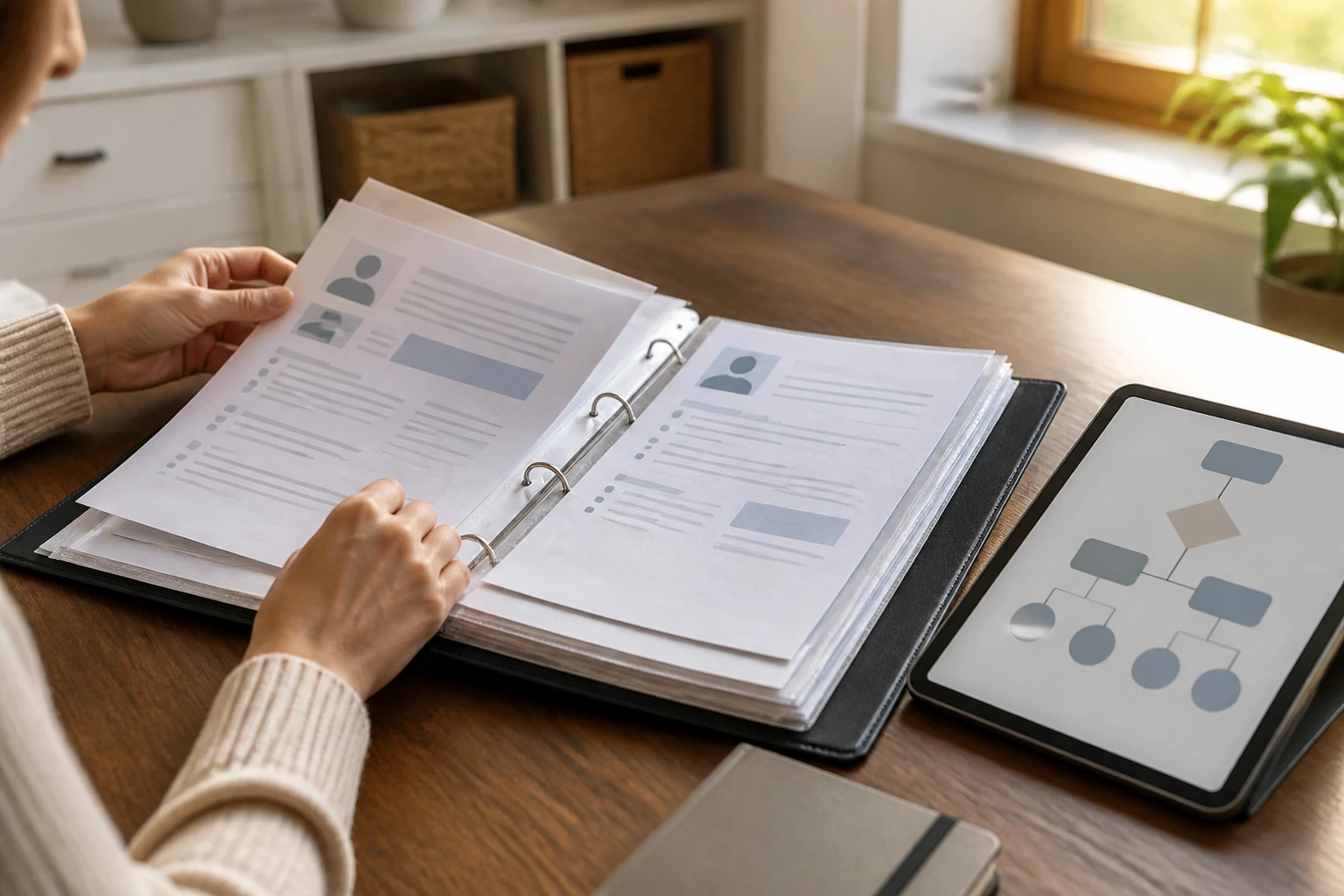 Close-up of a neat binder and tablet showing a flowchart, representing an overseas application plan; warm daylight in a home office.