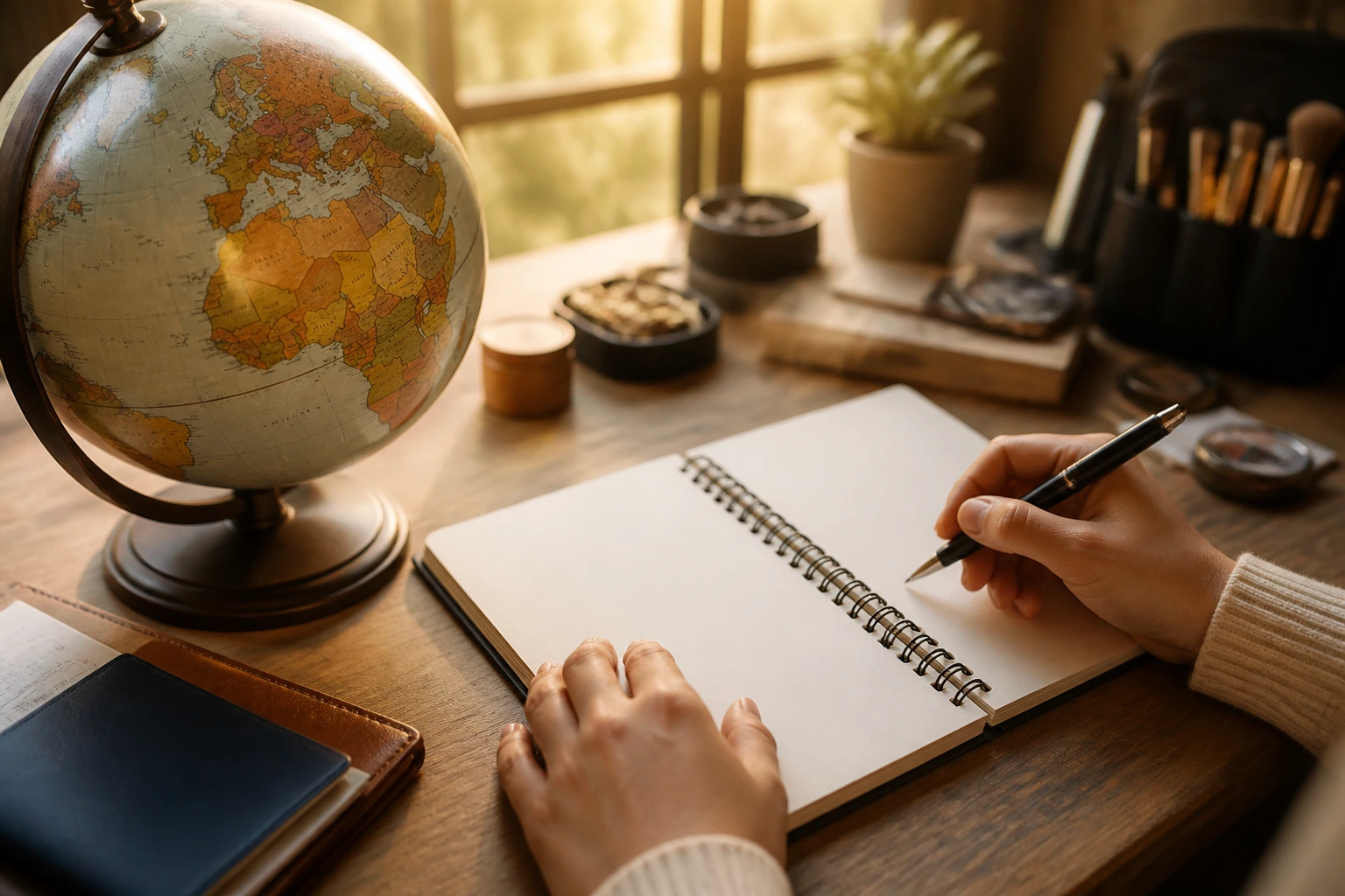 Close-up of a globe and blank notebook on a desk used to plan overseas applications