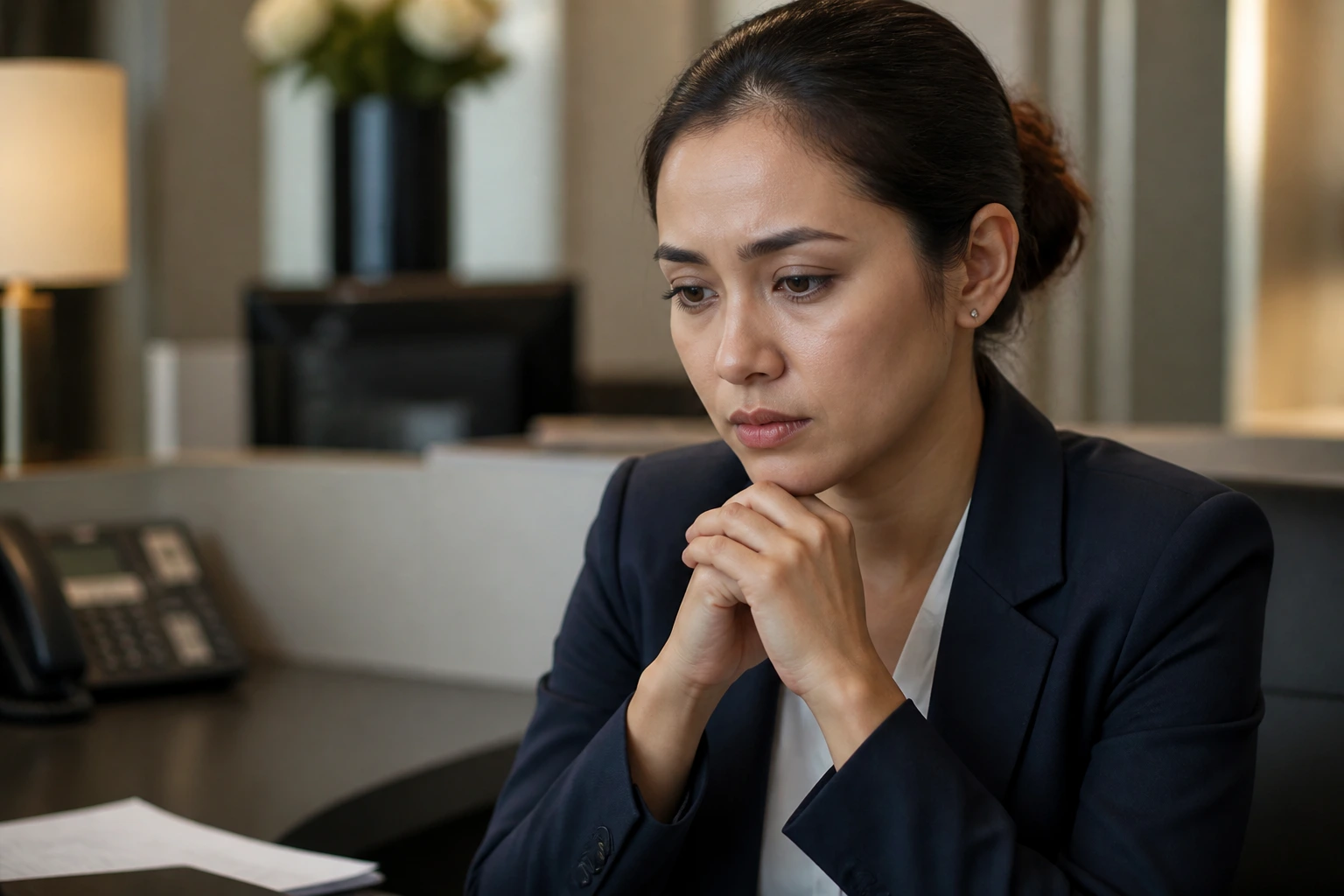 Thoughtful overseas applicant in an office setting