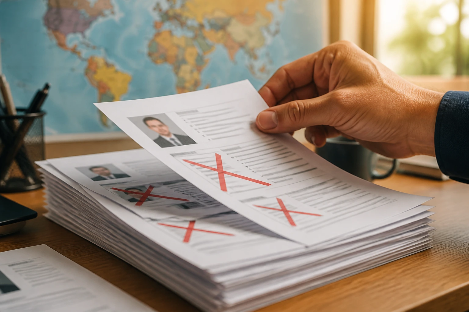 Close-up of a hand flipping resumes on a desk with red X marks and a blurred world map in the background