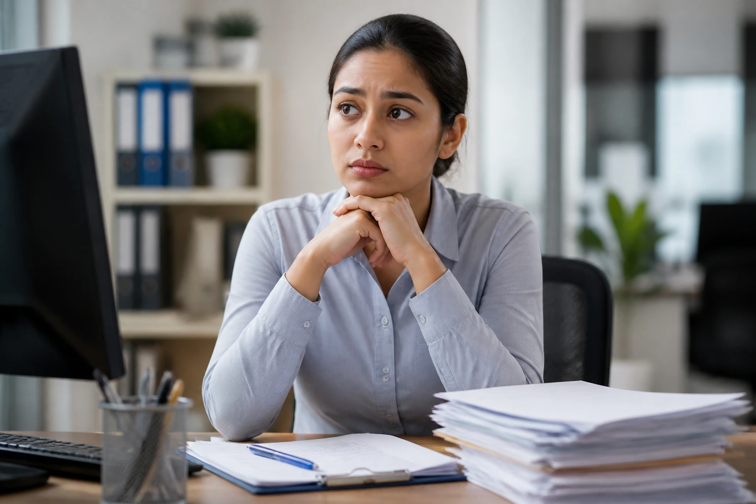 Close-up of an overseas applicant in a HR office, looking thoughtful