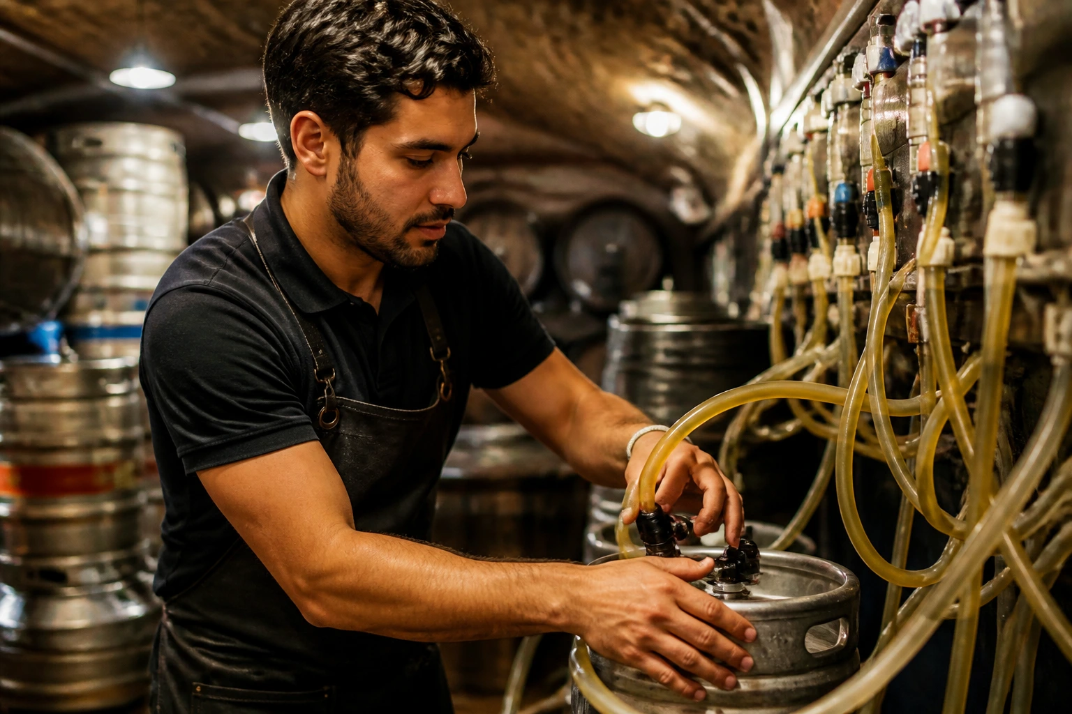 Real person in a pub cellar with kegs and beer lines behind