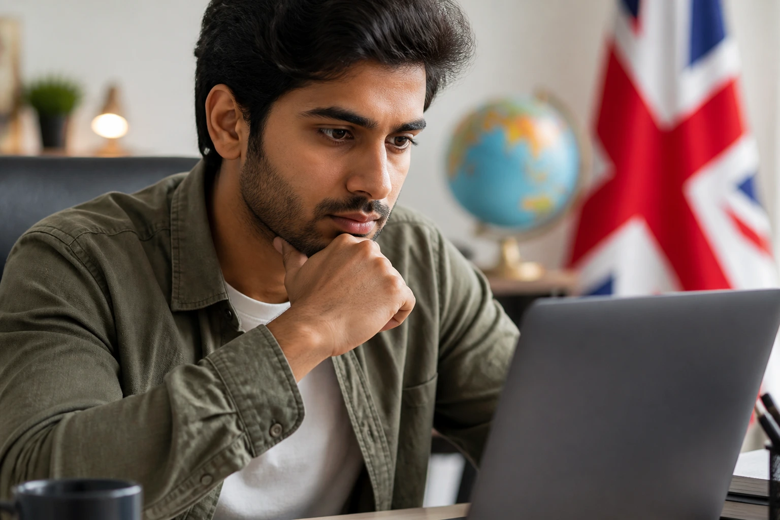 Portrait of an international job seeker at a desk looking at a laptop in a real office