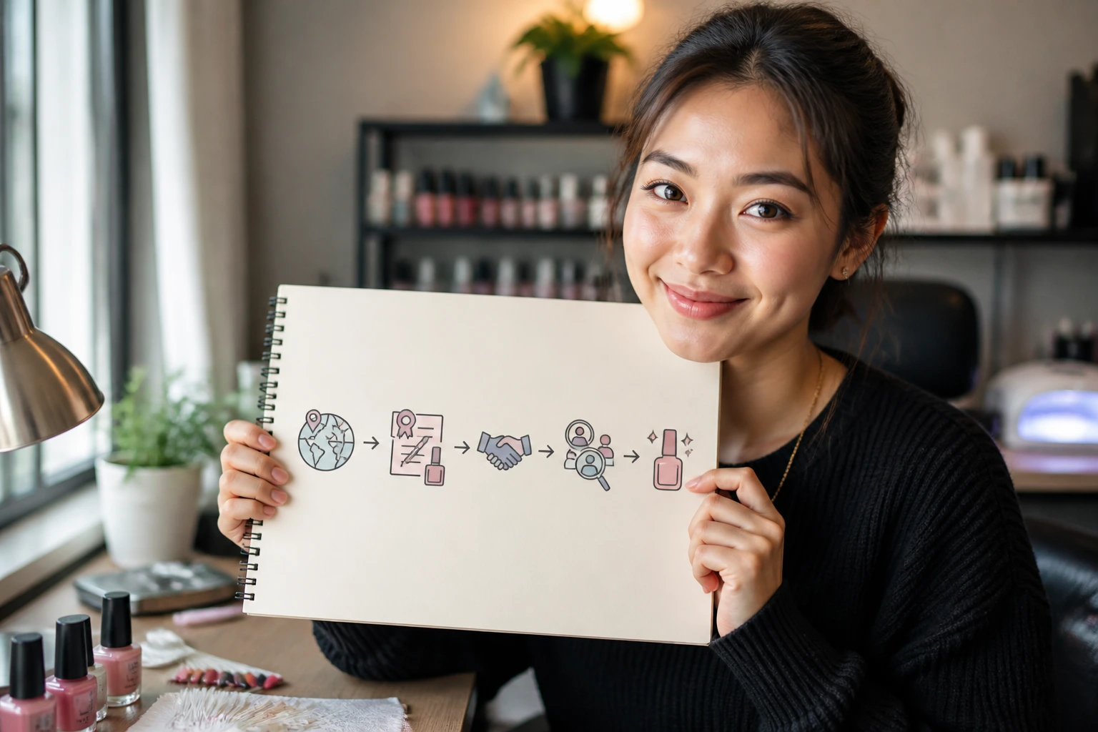 Person holding a notebook with abstract step icons representing steps to a salon shift
