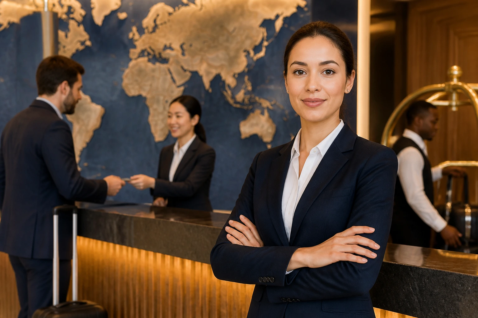 Front office manager with global staffing backdrop in hotel lobby