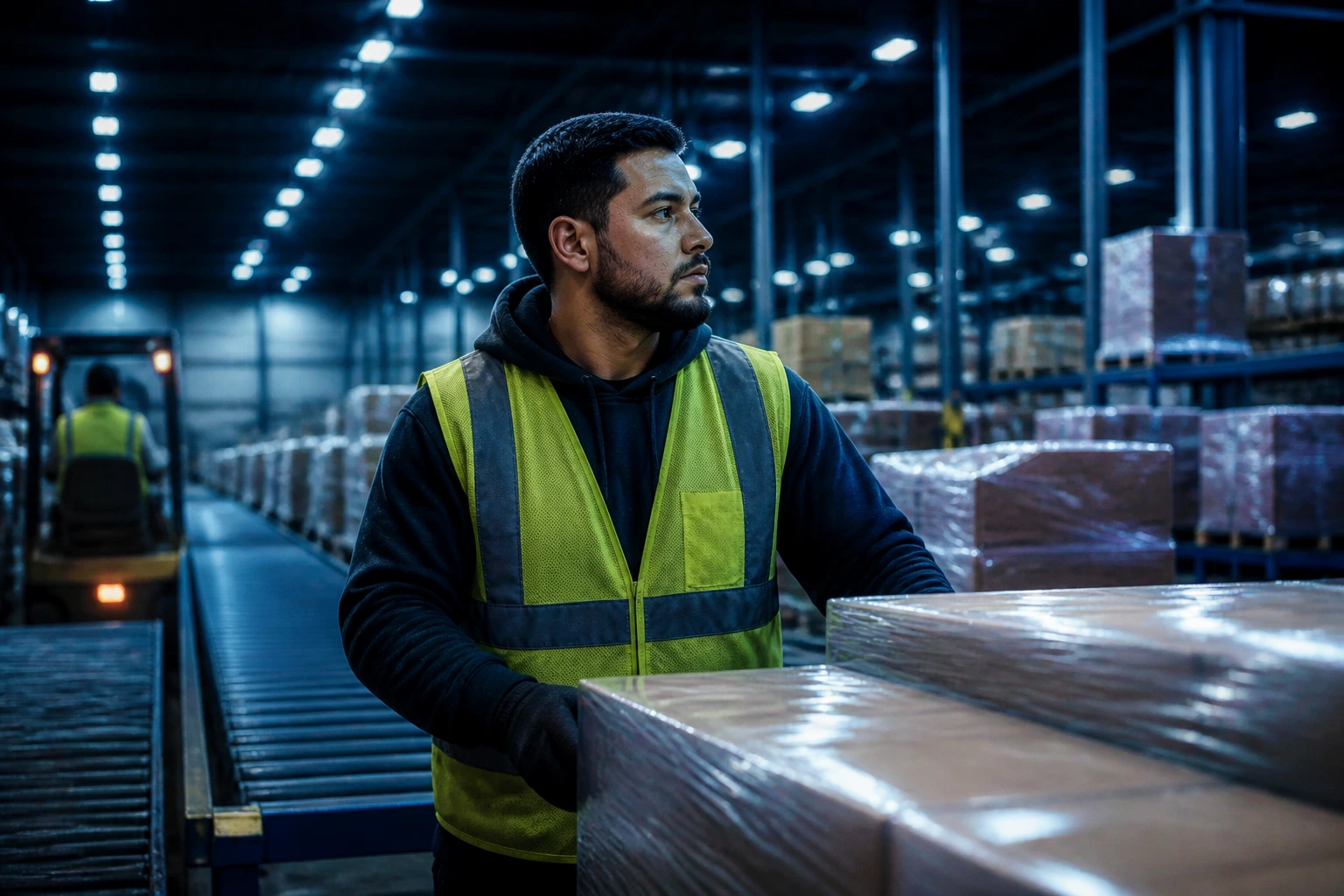 Warehouse worker on night shift with reflective vest in dim lighting