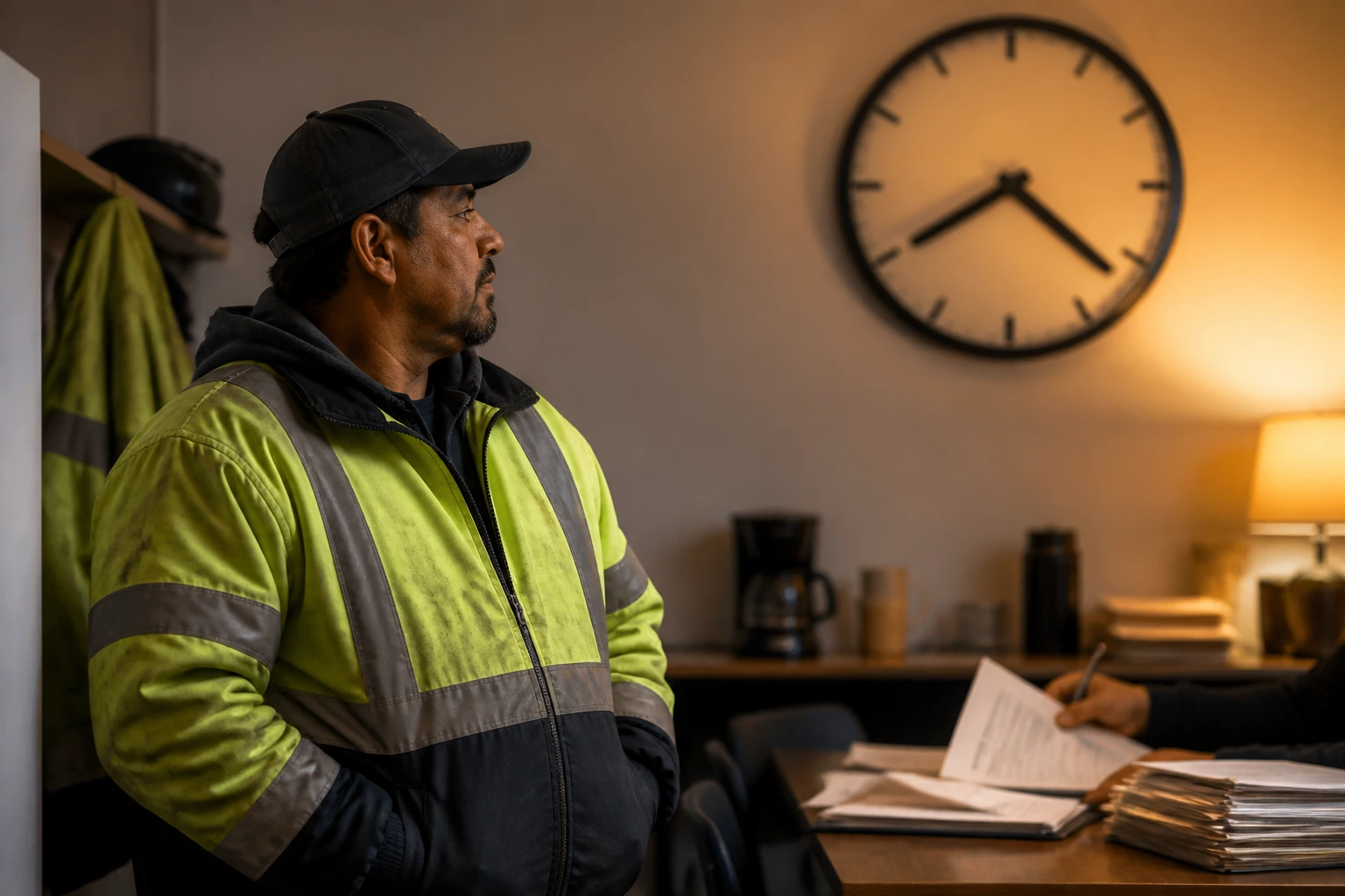 Sanitation worker in a break room under a numeral-free clock symbolizing overtime