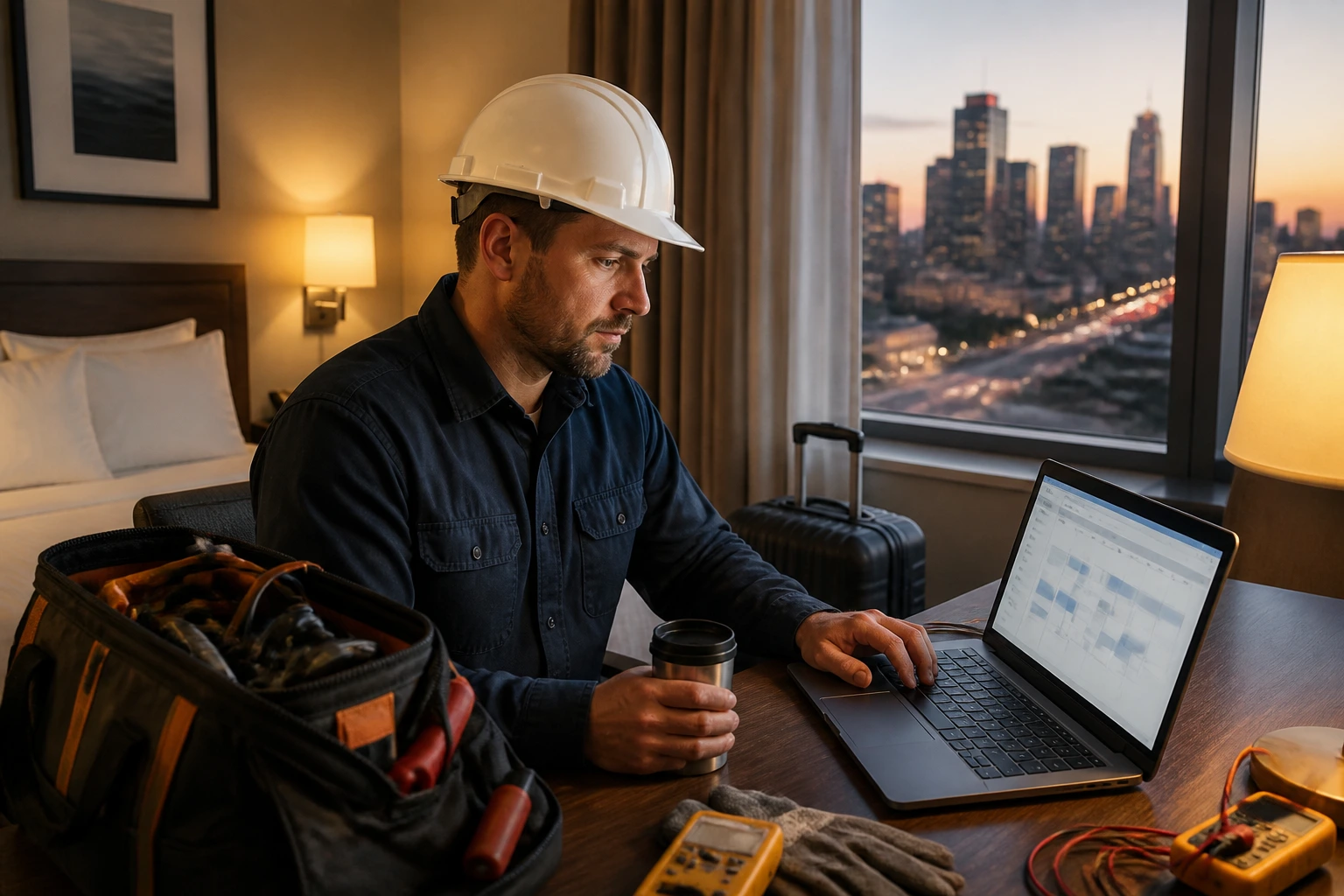 Electrician on the road reviewing travel plans on a laptop