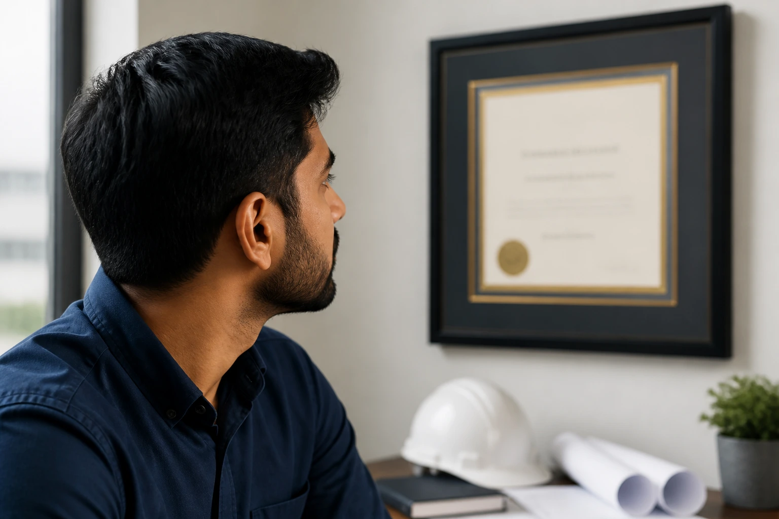 Engineer viewing a framed professional credential on the wall
