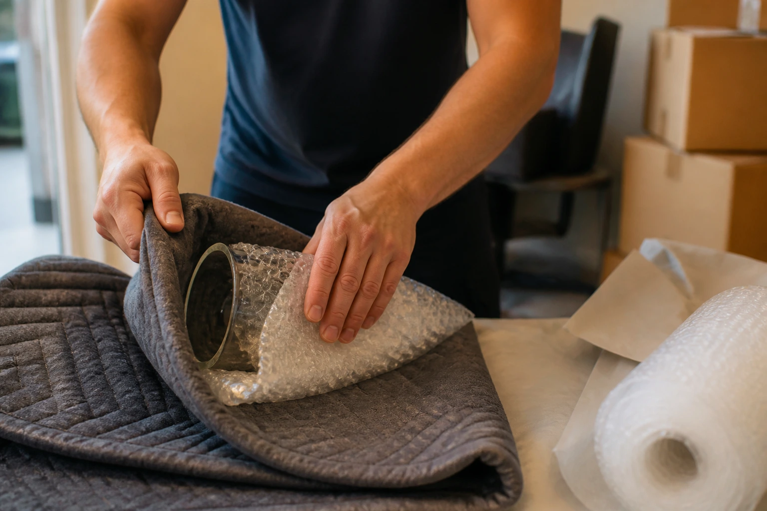 Hands packing protective materials around a glass item