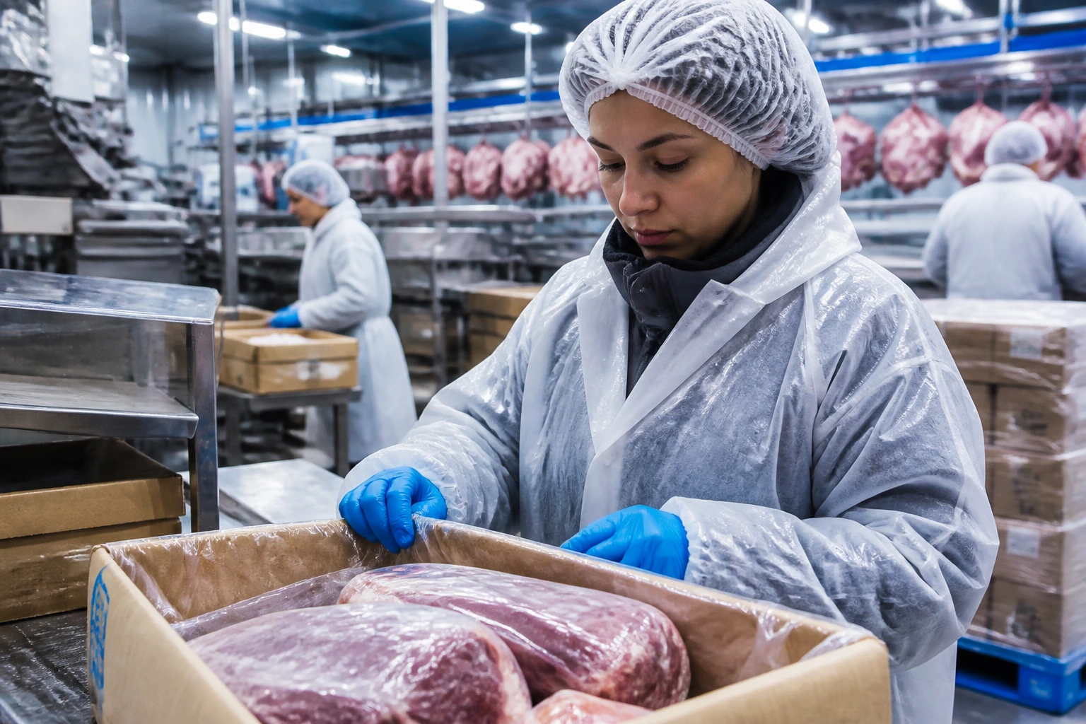 Meat processing worker in PPE at a packing station