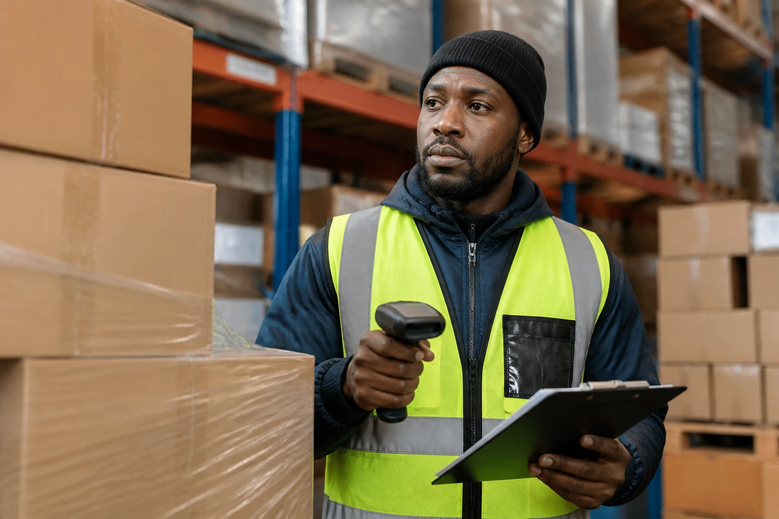 Warehouse worker in hi-vis among packed goods illustrating sponsorship realities