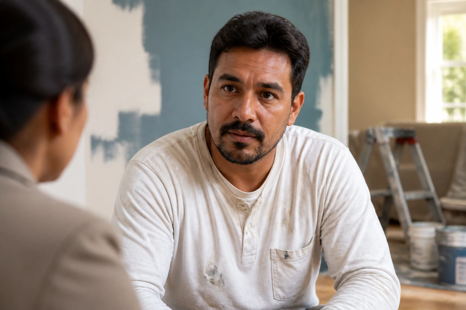 Close-up portrait of a real painter answering interview questions in a home interior