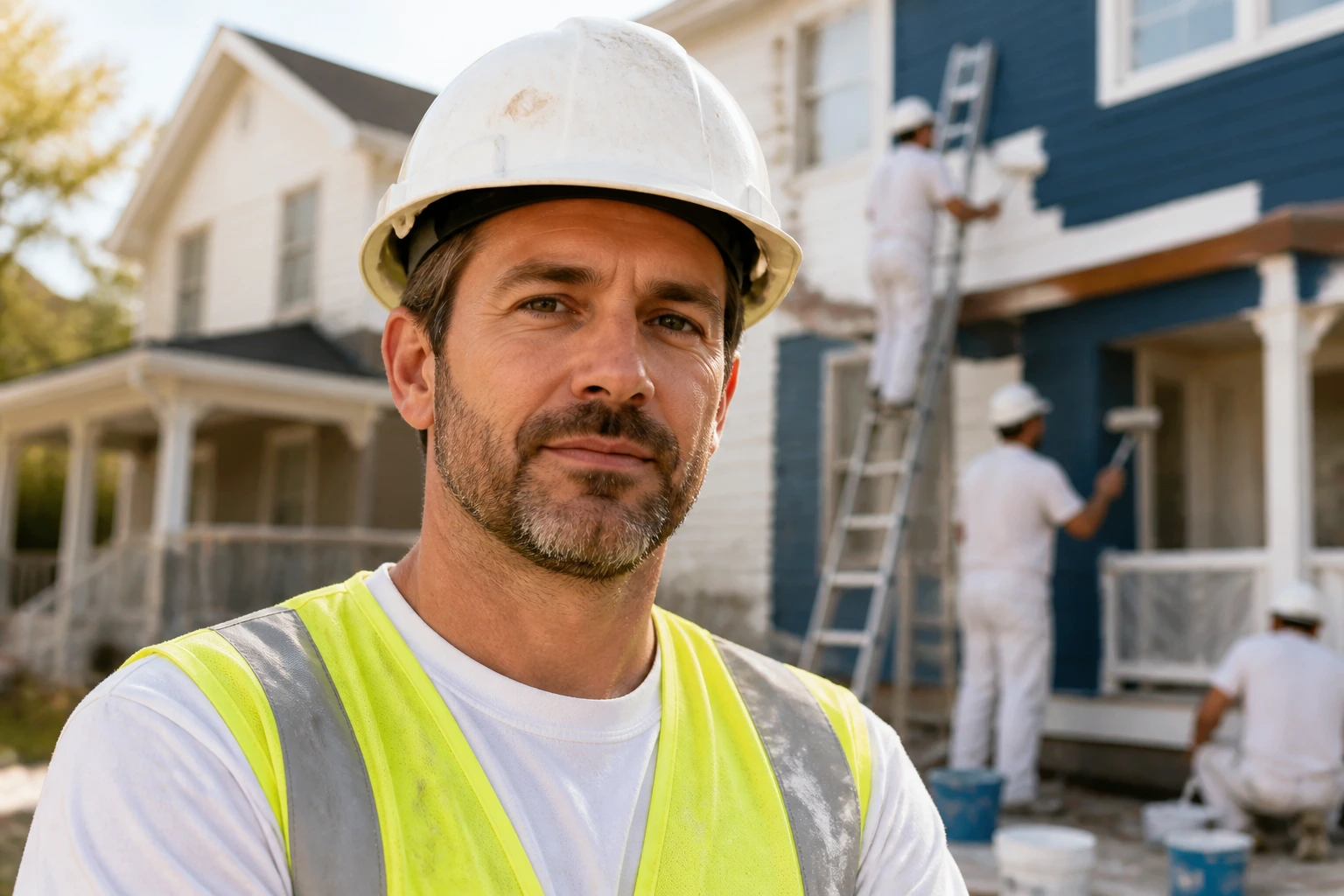 Portrait of a safety-equipped painting contractor on a sunny job site