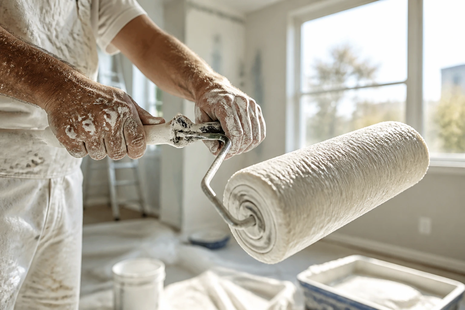 Close-up of a painter's hands on a paint roller in a sunlit home renovation, illustrating salary concept.