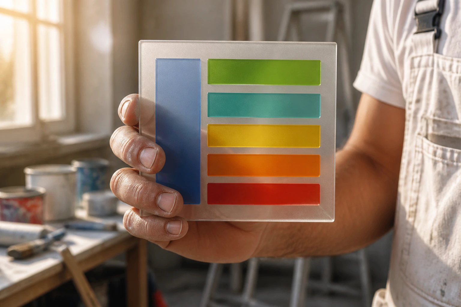 Close-up of a painter's hand with an abstract chart representing weekly pay components (no text).