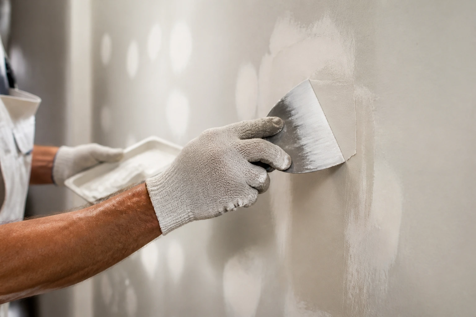 Hands feathering a patch on a wall to illustrate prep quality and finish in painting.
