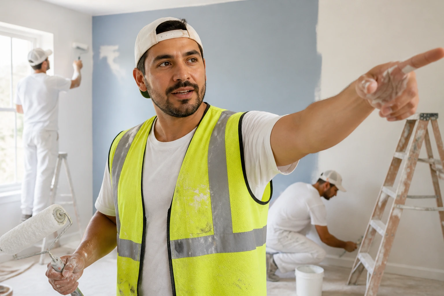 Portrait of a lead painter directing a crew on an interior job site