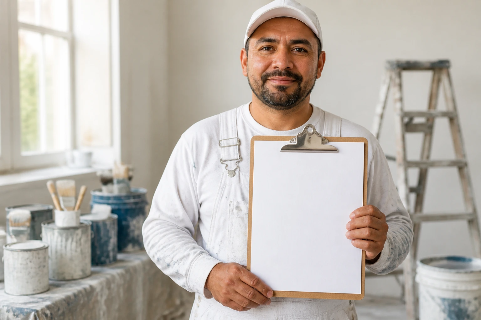 Painter holding a blank clipboard in a bright workshop