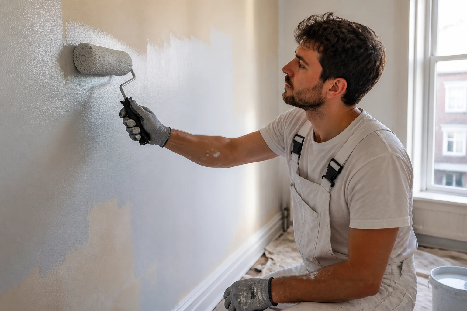 Painter in work clothes painting a wall inside a real room